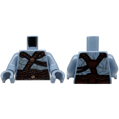 sand blue torso armor dark brown and dark orange straps with copper trim over alien skin with dark bluish gray contours pattern sand blue arms sand blue hands