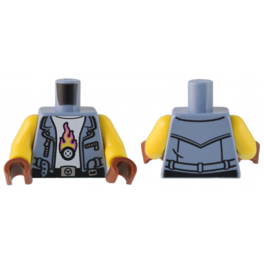 sand blue torso vest with belt and silver zippers over white shirt with tire with flames pattern yellow arms reddish brown hands