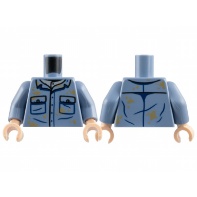 sand blue torso shirt with 2 pockets with black buttons outline dark tan dirt stains pattern sand blue arms light nougat hands