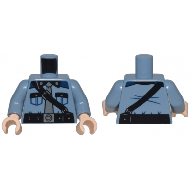 sand blue torso shirt with pockets black collar dark blue shoulders and silver buttons belt and strap with buckles dark bluish gray tie pattern sand blue arms light nougat hands