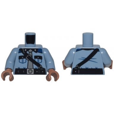sand blue torso shirt with pockets black collar dark blue shoulders and silver buttons belt and strap with buckles dark bluish gray tie pattern sand blue arms medium brown hands