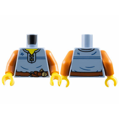sand blue torso vest yellow neck and reddish brown belt with dark tan pouch pattern dark orange arms yellow hands