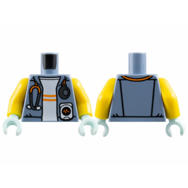 sand blue torso jacket open with silver and orange stethoscope over white shirt with stripes pattern yellow arms light aqua hands