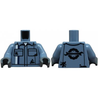 sand blue torso mechanic shirt with pockets white and dark blue stripes oil stains black wheel and spanner wrench on back pattern sand blue arms dark bluish gray hands