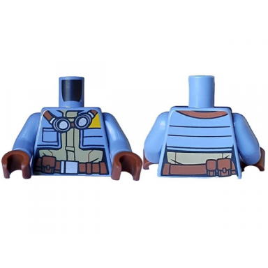 sand blue torso jacket short with black pocket outline and bright light orange triangle over dark tan overalls reddish brown belt with pouches silver buckle and dark silver goggles pattern sand blue arms reddish brown hands