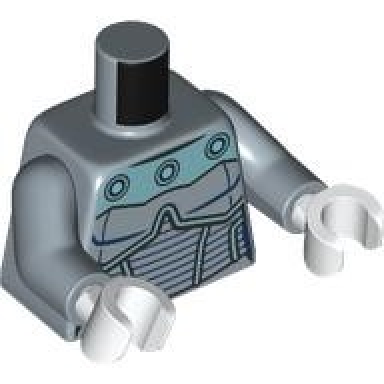 sand blue torso armor with medium azure circles on metallic light blue chest panel dark blue lines pattern sand blue arms white hands