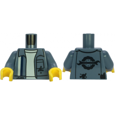 sand blue torso mechanic uniform open with white and dark blue stripes black oil stains and pocket over shirt spanner wrench and wheel with tire logo on back pattern sand blue arms yellow hands