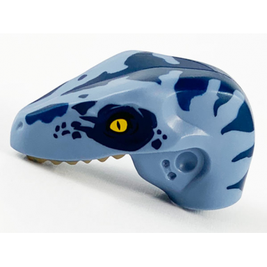sand blue dinosaur head raptor with pin hole with tan teeth and dark blue stripes and eye patch pattern