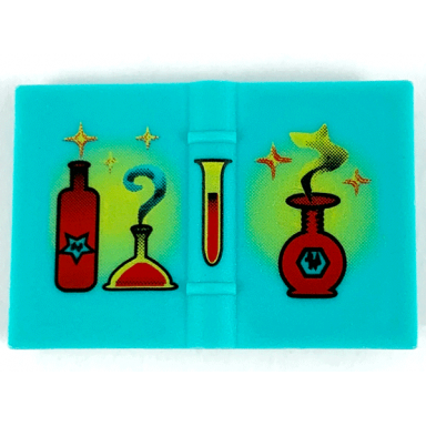 light turquoise minifigure utensil book 2 x 3 with red and yellow bottles flasks and sparkles pattern
