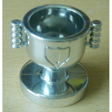 chrome silver duplo utensil trophy cup with number 1 in shield - open handles