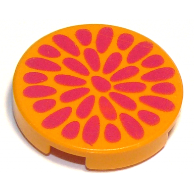 medium orange tile round 2 x 2 with radiating magenta teardrops flower center pattern
