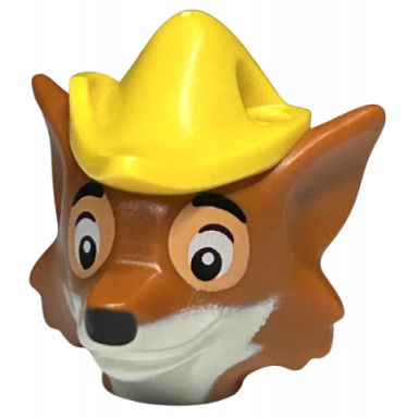 dark orange minifigure head modified fox with molded yellow hat with hole and printed black and white eyes with nougat outline nose muzzle and beard pattern