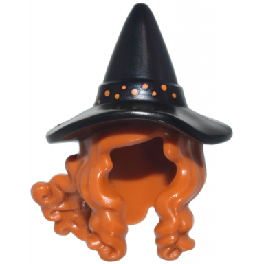 minifigure hair combo hair with hat long hair with 2 braids over shoulders with molded black witch hat with printed orange spots pattern