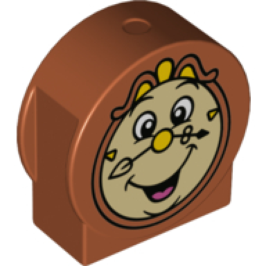 dark orange duplo brick 1 x 2 x 2 round top cut away sides with tan cogsworth clock face with yellow nose pattern