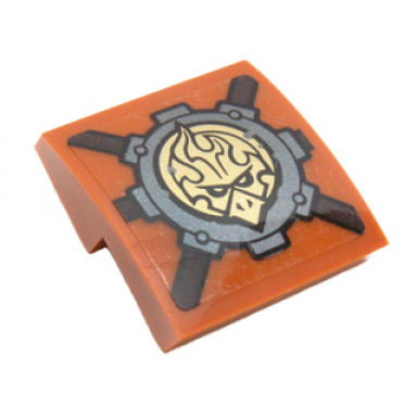 dark orange slope curved 2 x 2 x 2 3 with dark bluish gray gear and gold chima emblem pattern sticker - set 70225