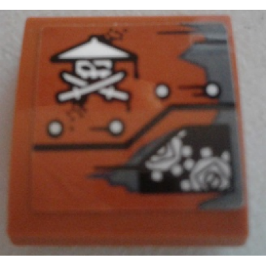 dark orange slope curved 2 x 2 x 2 3 with ninja skull with crossed swords rivets and gears pattern model right side sticker - set 70603