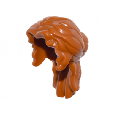 dark orange minifigure hair female mid-length wavy pulled back with partial bun side bangs hole on top