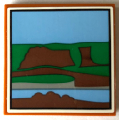 dark orange tile 4 x 4 with picture of green medium blue and reddish brown landscape with black border pattern sticker - set 21336
