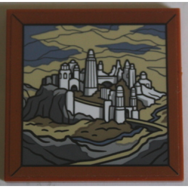 dark orange tile 4 x 4 with painting of ost-in-edhil city with white fortress on tan dark tan dark bluish gray and sand blue background pattern sticker - set 10316