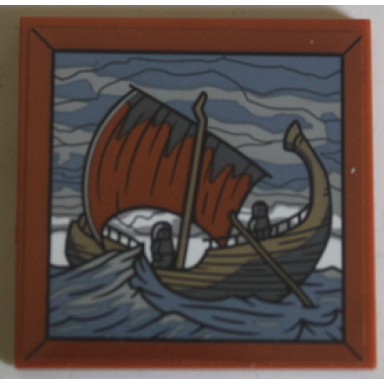 dark orange tile 4 x 4 with painting of earendil sailing to valinor with dark tan ship and sand blue sea pattern sticker - set 10316