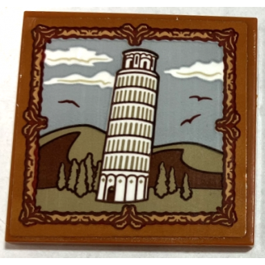 dark orange tile 4 x 4 with framed picture of the leaning tower of pisa pattern sticker - set 40595