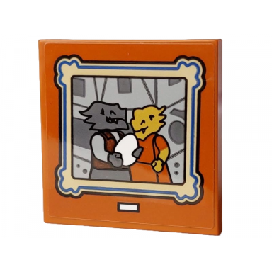 dark orange tile 4 x 4 with painting with dragonborn minifigures alax jadescaless parents and white egg on light bluish gray and dark bluish gray background with black blue and tan frame pattern sticker - set 21348