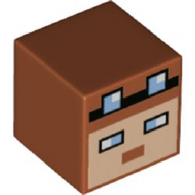 dark orange minifigure head modified cube with pixelated light nougat face black headband and bright light blue eyes and goggles pattern minecraft pilot