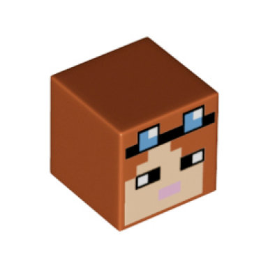 dark orange minifigure head modified cube with pixelated light nougat face black headband and eyes medium blue goggles and bright pink mouth pattern minecraft blacksmith