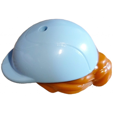 mini doll hair combo hair with hat bun and side bangs hole on top with molded bright light blue horse riding helmet pattern