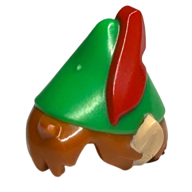 dark orange minifigure hair combo hair with hat messy with molded bright green pointed hat with red feather and printed light nougat pointed ears pattern