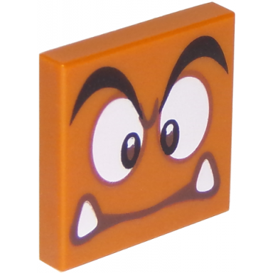 dark orange tile 2 x 2 with black eyebrows dark brown and white eyes looking straight neutral mouth with bottom fangs pattern super mario goomba face