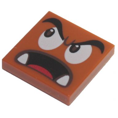 dark orange tile 2 x 2 with black eyebrows dark brown and white eyes looking right surprised open mouth with bottom fangs and red tongue pattern super mario parachute goomba face