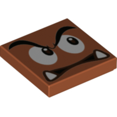 dark orange tile 2 x 2 with black eyebrows dark brown and white eyes looking left neutral mouth with bottom fangs pattern super mario goomba face
