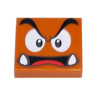 dark orange tile 2 x 2 with black eyebrows dark brown and white eyes looking straight angry open mouth with bottom fangs and red tongue pattern super mario goomba pirate goomba face