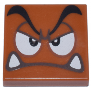 dark orange tile 2 x 2 with black eyebrows dark brown and white eyes looking straight partially closed angry frown with bottom fangs pattern super mario goomba face