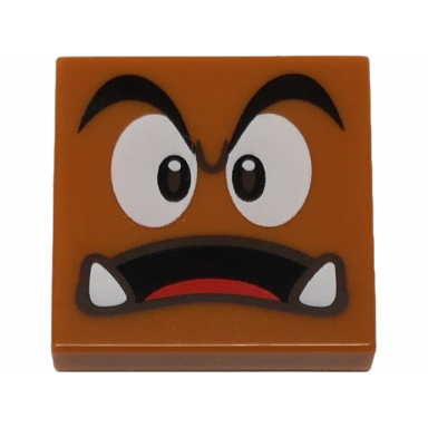 dark orange tile 2 x 2 with black eyebrows dark brown and white eyes looking straight surprised open mouth with bottom fangs and red tongue pattern super mario goomba face