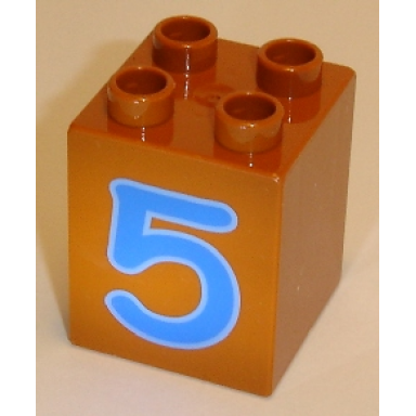 dark orange duplo brick 2 x 2 x 2 with number 5 blue pattern