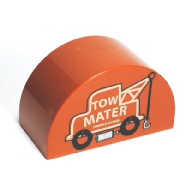 dark orange duplo brick 2 x 4 x 2 slope curved double with tow mater tow truck pattern