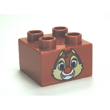 dark orange duplo brick 2 x 2 with chipmunk head with red nose and two teeth pattern dale