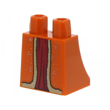 dark orange lower body skirt with robe ends with dark tan fur lining copper symbols and dots over dark red dress pattern