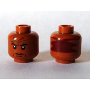 dark orange minifigure head black eyebrows forehead tattoo white pupils red on back pattern