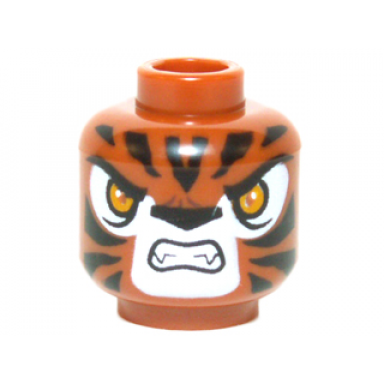 dark orange minifigure head alien chima tiger with bright light orange eyes black nose and stripes white snout and eye shadow open mouth snarl with fangs pattern