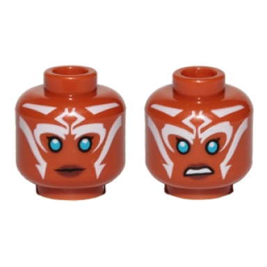 dark orange minifigure head dual sided alien with sw ahsoka blue eyes and white lines neutral angry pattern
