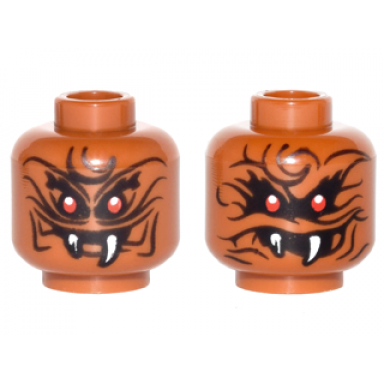 dark orange minifigure head dual sided alien snake with black wavy lines 2 red eyes and 2 white fangs narrow eyes wide eyes open mouth pattern