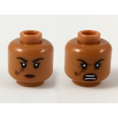dark orange minifigure head dual sided female dark purple eye of horus filigree tattoo under right eye dark red lips neutral fierce pattern