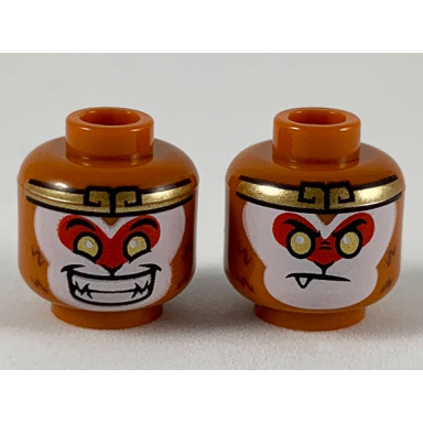 dark orange minifigure head dual sided gold headband and eyes white face with red around eyes wide smile neutral with one sharp tooth pattern
