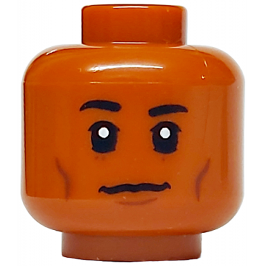dark orange minifigure head black eyebrows reddish brown cheek lines chin dimple and dots under eyes neutral pattern