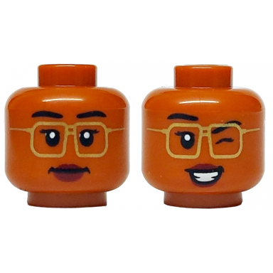 dark orange minifigure head dual sided female black eyebrows gold glasses dark red lips closed mouth wink open mouth grin with teeth pattern