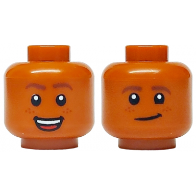 dark orange minifigure head dual sided reddish brown eyebrows and freckles open mouth smile with teeth and red tongue smirk pattern