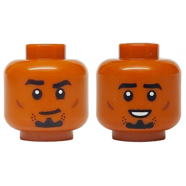 dark orange minifigure head dual sided black eyebrows stubble and goatee reddish brown cheek lines smirk open mouth smile with teeth pattern